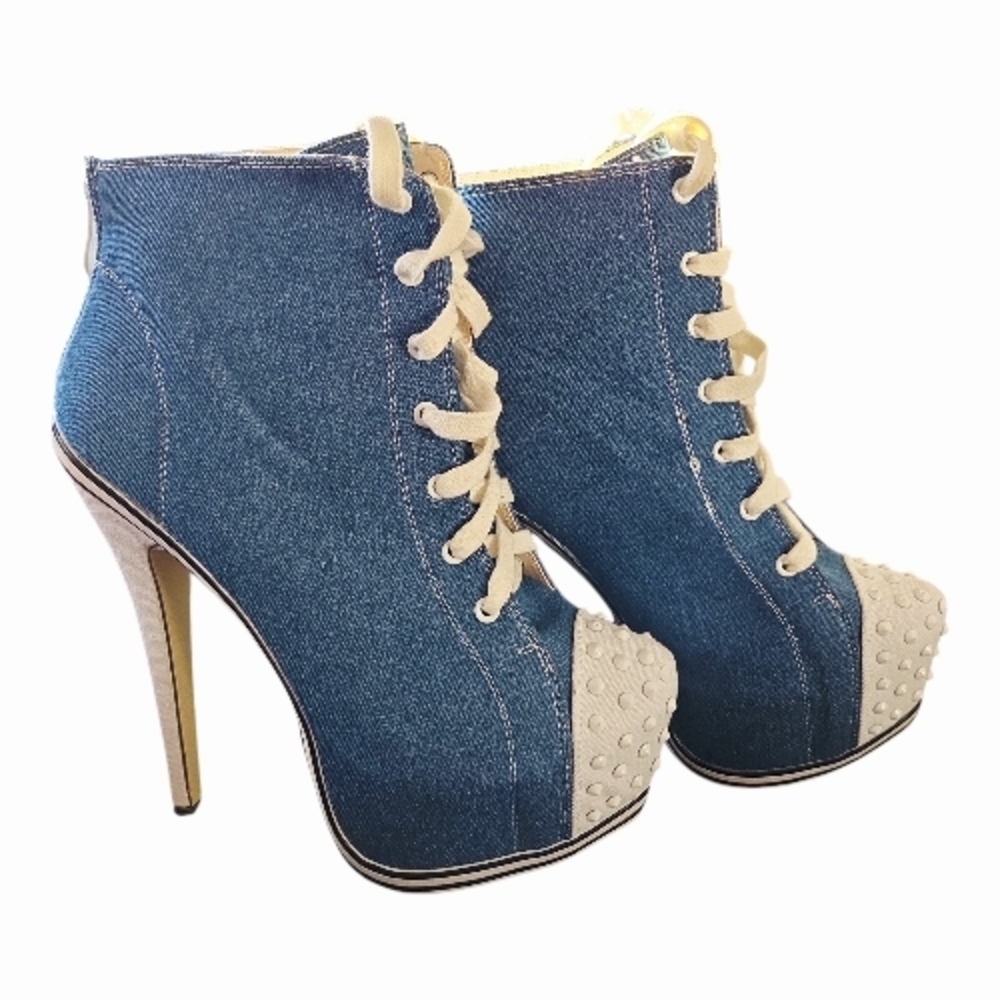 Liliana Blue Denim Lace-Up Studded Peep-Toe Stiletto Booties - Picture 2 of 6
